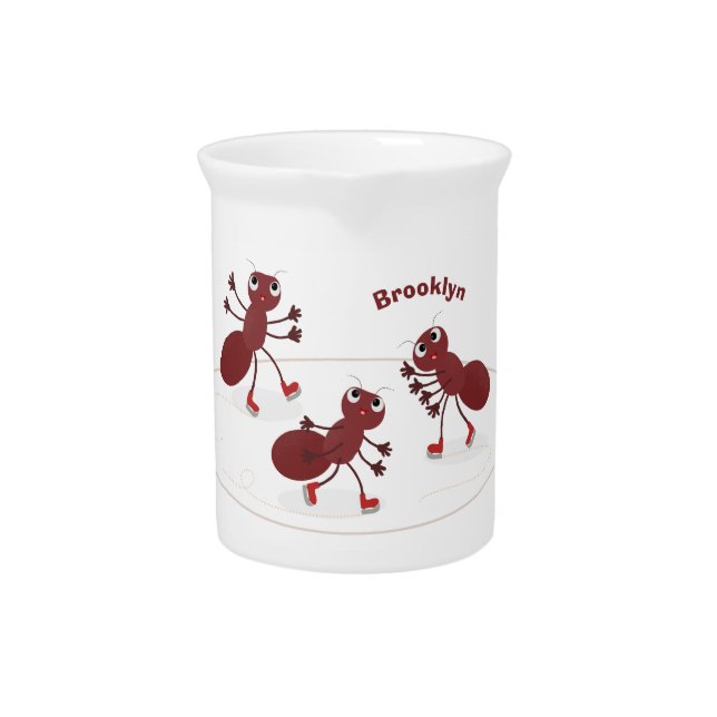 Happy red ants ice skating cartoon beverage pitcher (Front)