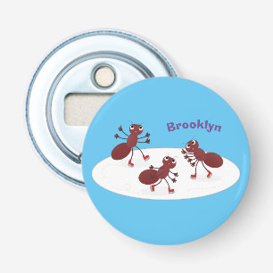 Happy red ants ice skating cartoon bottle opener