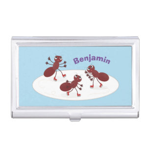 Happy red ants ice skating cartoon business card case