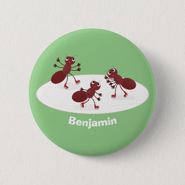 Happy red ants ice skating cartoon button (Front)