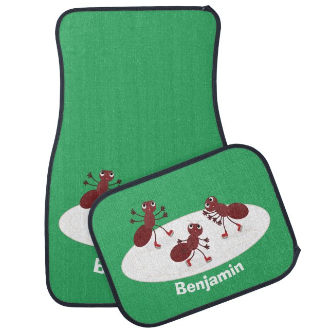 Happy red ants ice skating cartoon  car floor mat (Set)