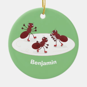 Happy red ants ice skating cartoon ceramic ornament