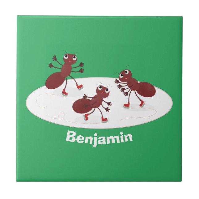Happy red ants ice skating cartoon ceramic tile (Front)