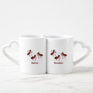 Happy red ants ice skating cartoon coffee mug set