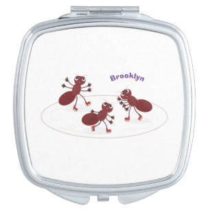 Happy red ants ice skating cartoon compact mirror