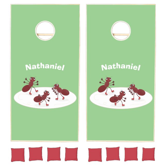 Happy red ants ice skating cartoon cornhole set (Set)