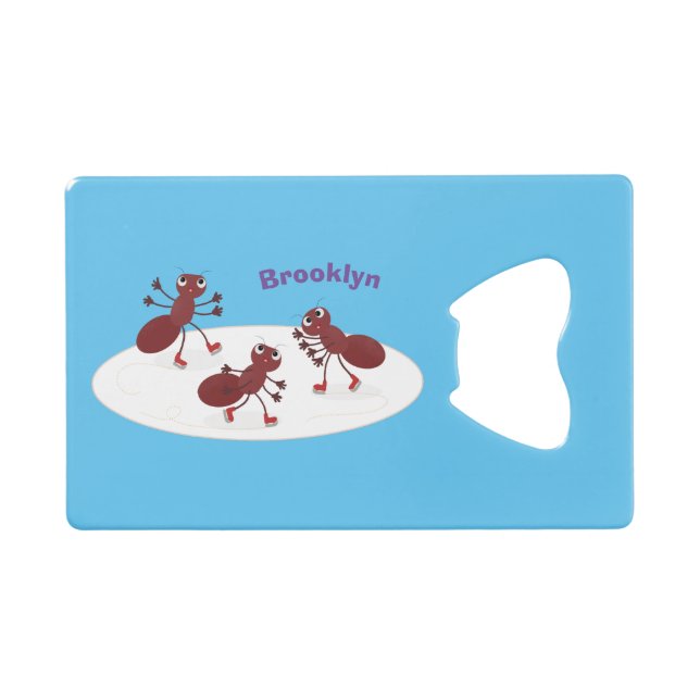 Happy red ants ice skating cartoon credit card bottle opener (Front (Horizontal))