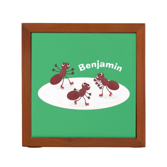 Happy red ants ice skating cartoon desk organizer (Front)