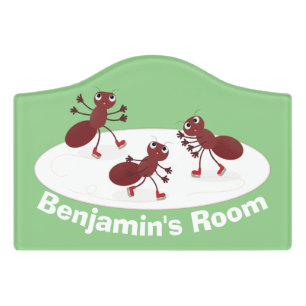 Happy red ants ice skating cartoon door sign