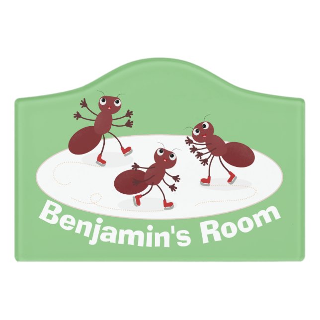 Happy red ants ice skating cartoon door sign (Small Crest Front)