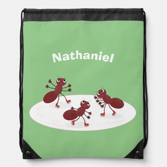Happy red ants ice skating cartoon drawstring bag (Front)