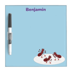 Happy red ants ice skating cartoon dry erase board