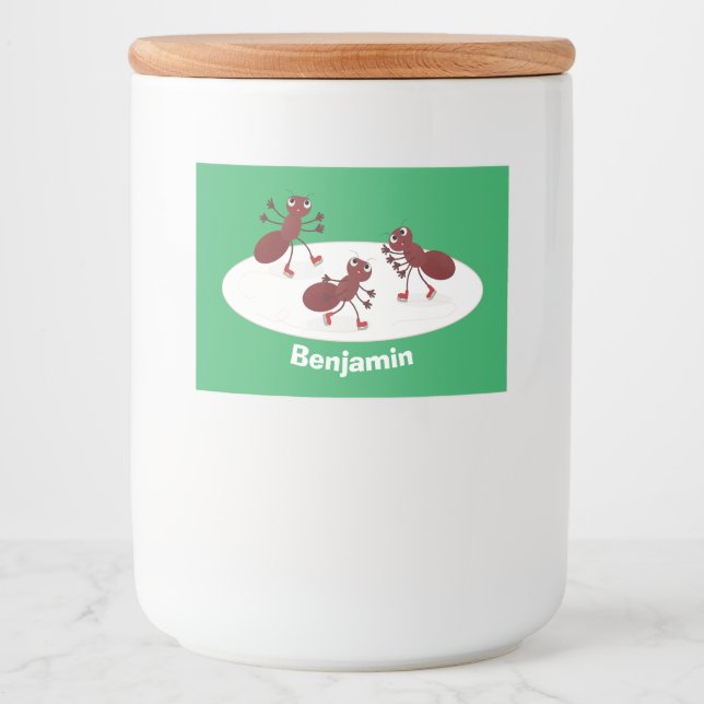 Happy red ants ice skating cartoon food label (Front)