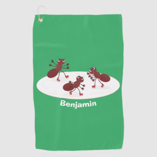 Happy red ants ice skating cartoon golf towel