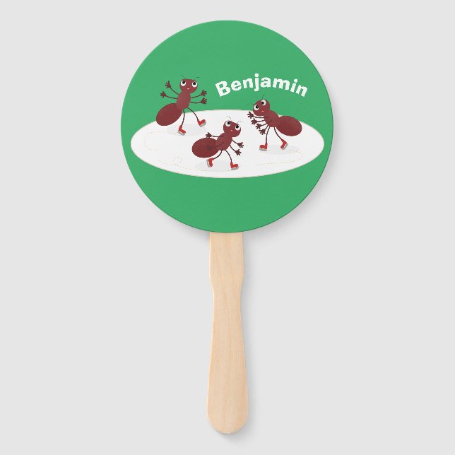 Happy red ants ice skating cartoon hand fan (Front)