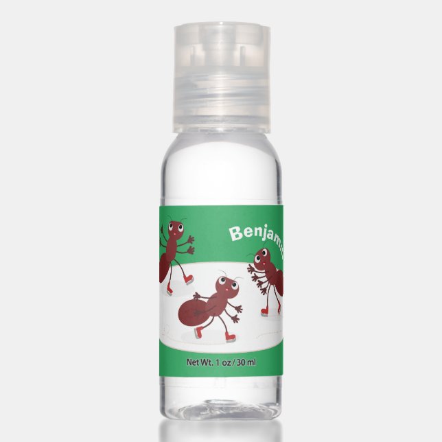 Happy red ants ice skating cartoon hand sanitizer (Front)