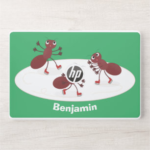 Happy red ants ice skating cartoon HP laptop skin