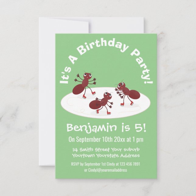 Happy red ants ice skating cartoon invitation (Front)