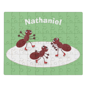 Happy red ants ice skating cartoon jigsaw puzzle