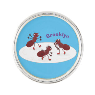 Happy red ants ice skating cartoon lapel pin