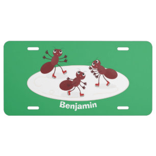 Happy red ants ice skating cartoon license plate