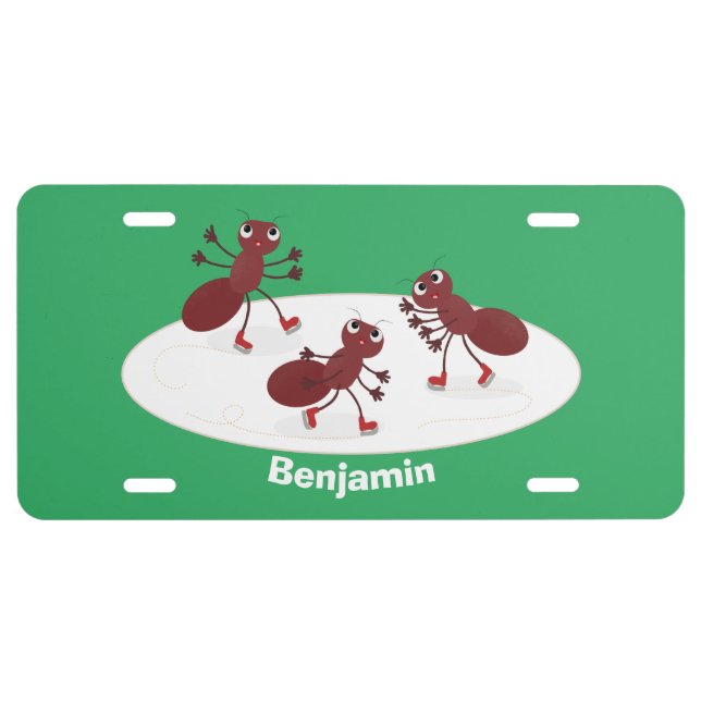 Happy red ants ice skating cartoon license plate (Front)
