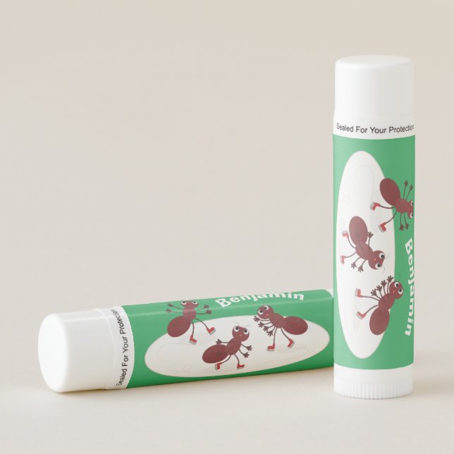 Happy red ants ice skating cartoon lip balm (Front)