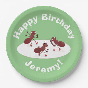 Happy red ants ice skating cartoon paper plates