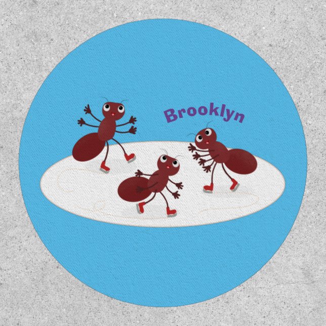 Happy red ants ice skating cartoon patch (Front)