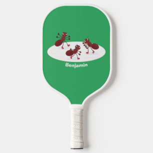 Happy red ants ice skating cartoon pickleball paddle