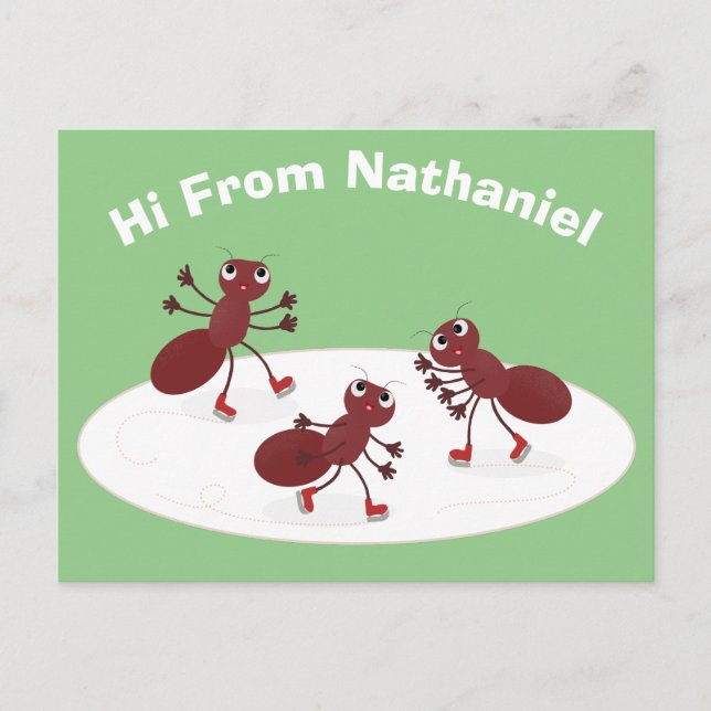 Happy red ants ice skating cartoon postcard (Front)
