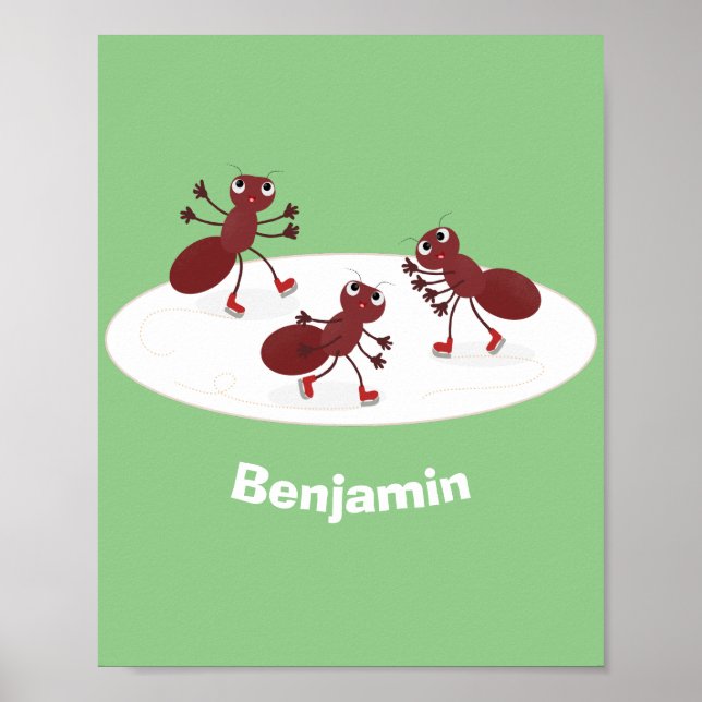 Happy red ants ice skating cartoon poster (Front)