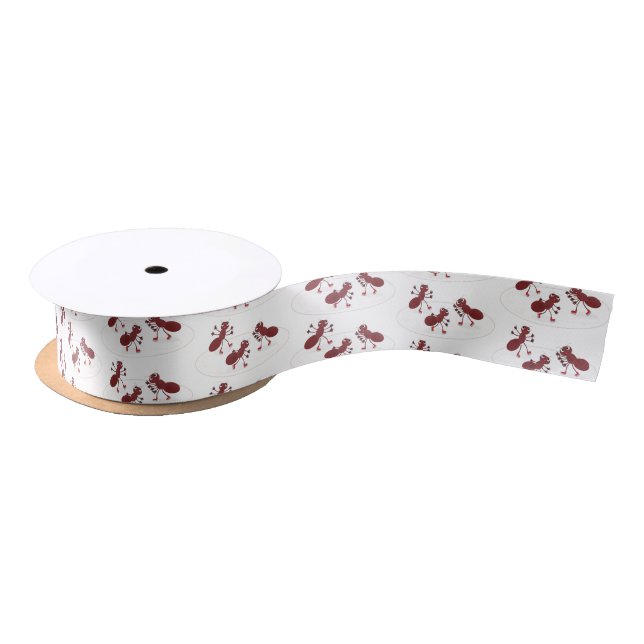 Happy red ants ice skating cartoon satin ribbon (Spool)