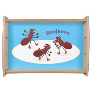 Happy red ants ice skating cartoon serving tray