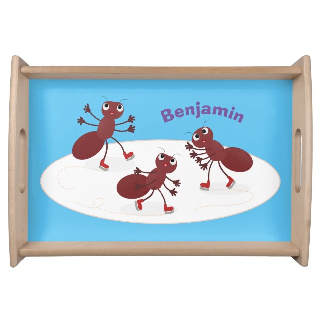 Happy red ants ice skating cartoon serving tray (Front)