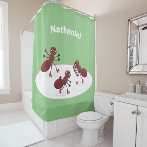 Happy red ants ice skating cartoon shower curtain