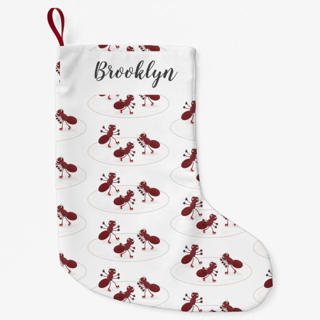 Happy red ants ice skating cartoon small christmas stocking (Front)