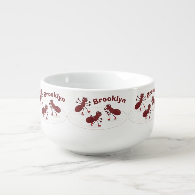 Happy red ants ice skating cartoon soup mug (Front)