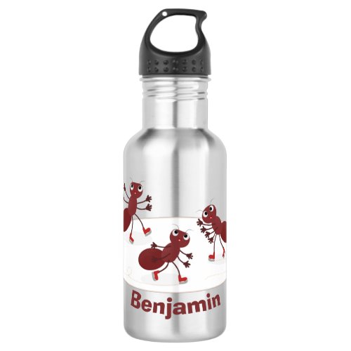 Happy red ants ice skating cartoon stainless steel water bottle