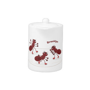 Happy red ants ice skating cartoon teapot