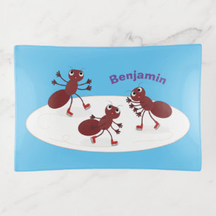 Happy red ants ice skating cartoon trinket tray