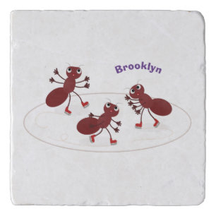 Happy red ants ice skating cartoon trivet