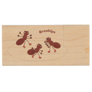 Happy red ants ice skating cartoon wood flash drive