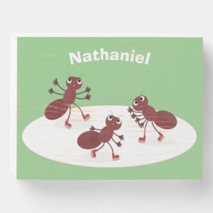Happy red ants ice skating cartoon wooden box sign