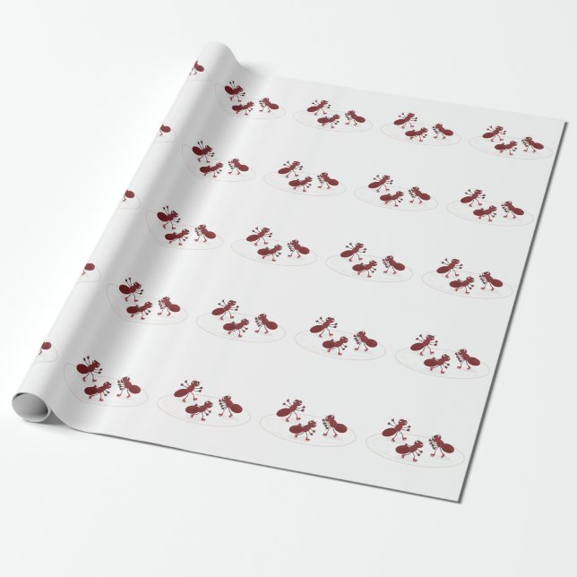 Happy red ants ice skating cartoon wrapping paper (Unrolled)