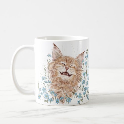 Happy red cat in forget_me_nots coffee mug