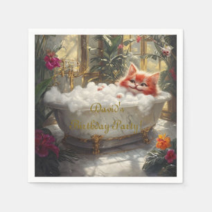 Happy Red Cat In Luxury Bath - Kids Birthday Party Napkins