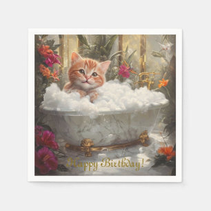 Happy Red Cat In Luxury Bath - Kids Birthday Party Napkins