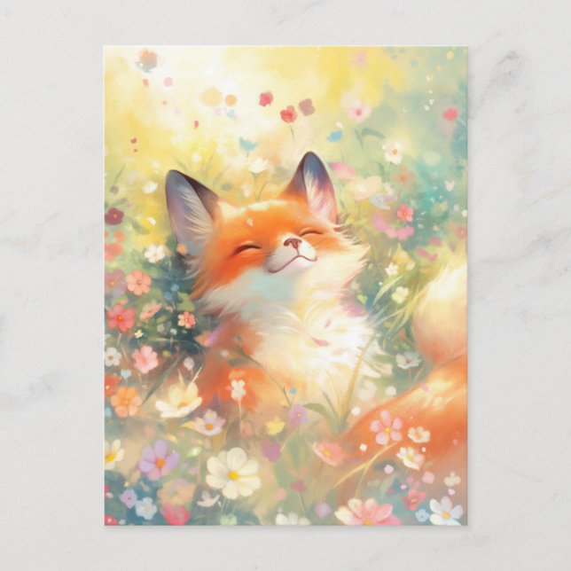Happy Red Fox in Sunny Wildflower Meadow Postcard (Front)