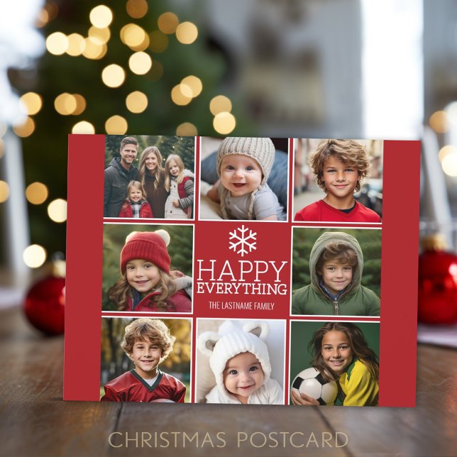 Happy Red - modern 8 Photo Collage Holiday Postcard (8 Photo Collage Holiday Postcard. )